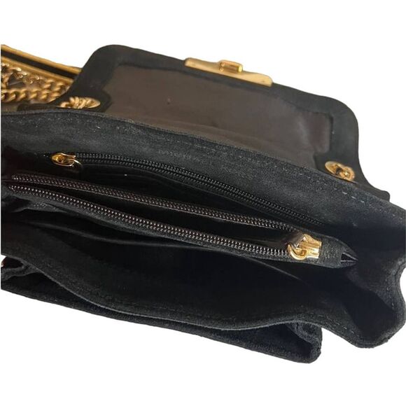 Michael Kors Black Suede Crossbody Purse Bag with Gold Trim - Picture 7 of 8